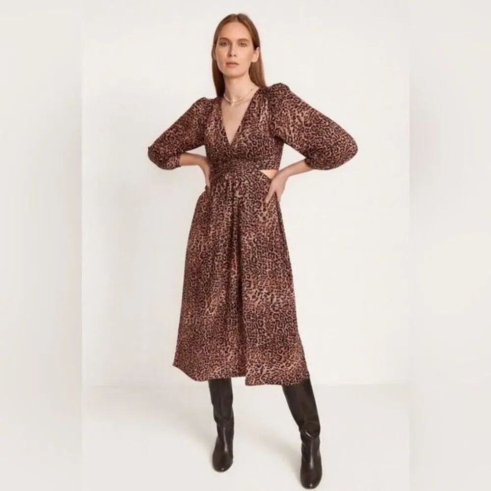✨Ranna Gill X Anthropologie Tan & Blush Leopard Print Cut-Out Midi Sz XSP Dress✨